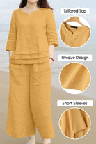 Yellow cotton casual solid color pants set with tailored top and short sleeves for comfortable everyday wear