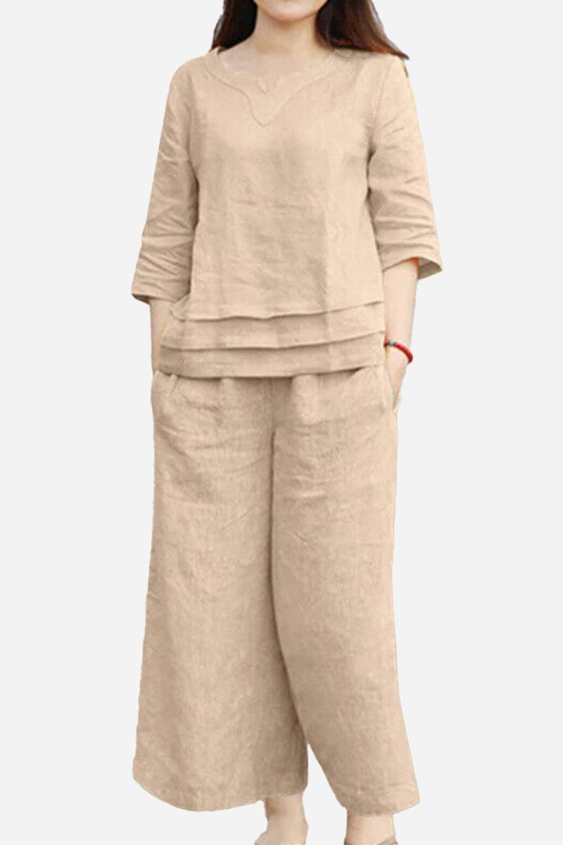 Cotton casual solid color relaxed fit pants set with breathable fabric and loose design