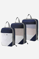 3-piece space-saving compression packing organizers set with navy blue and mesh design for travel