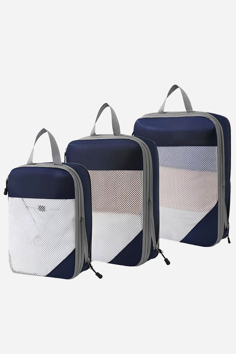 3-piece space-saving compression packing organizers set with navy blue and mesh design for travel
