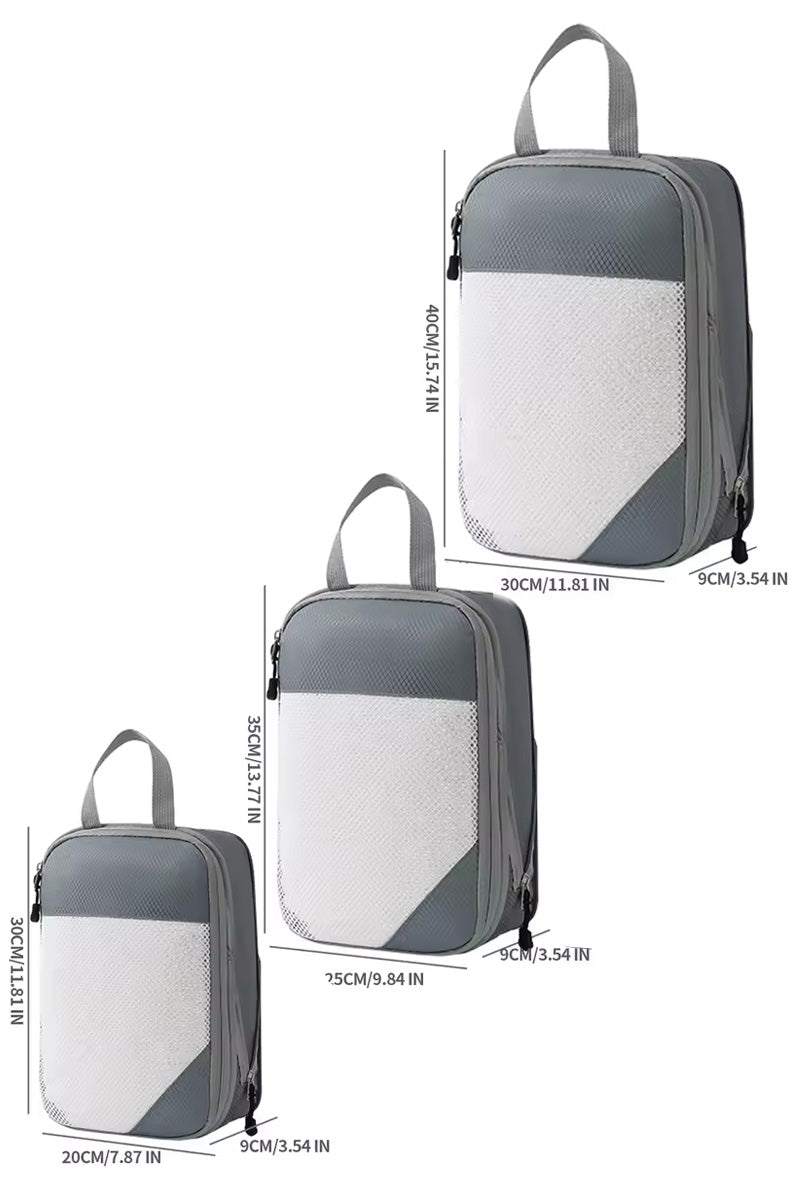 Space-saving compression packing organizers 3-piece set with zipper, gray and white travel packing bags, waterproof polyester material, wrinkle-free garment storage