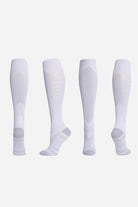 White premium compression socks shown from multiple angles for travel and leg support
