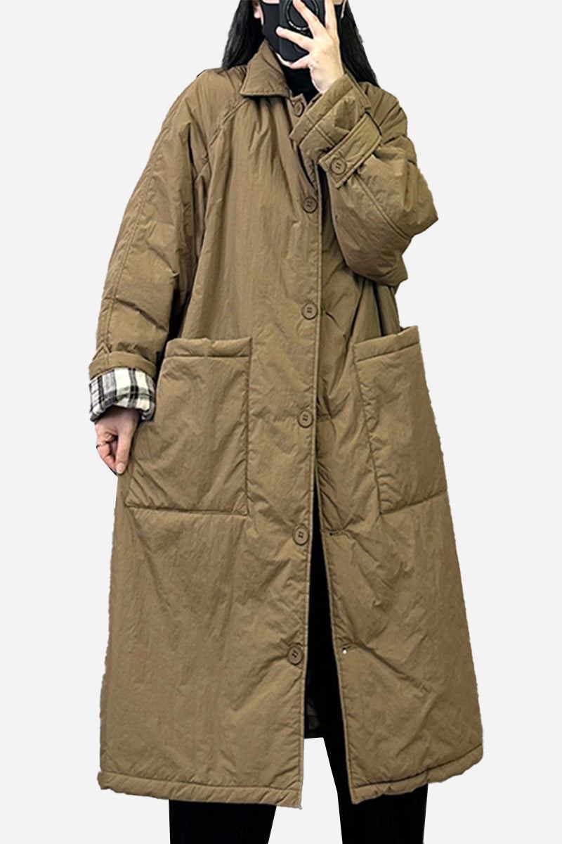 Plus size oversized windbreaker parka long brown with large pockets and button closure