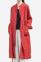 Oversized casual loose red ramie linen cardigan with pockets and button closure
