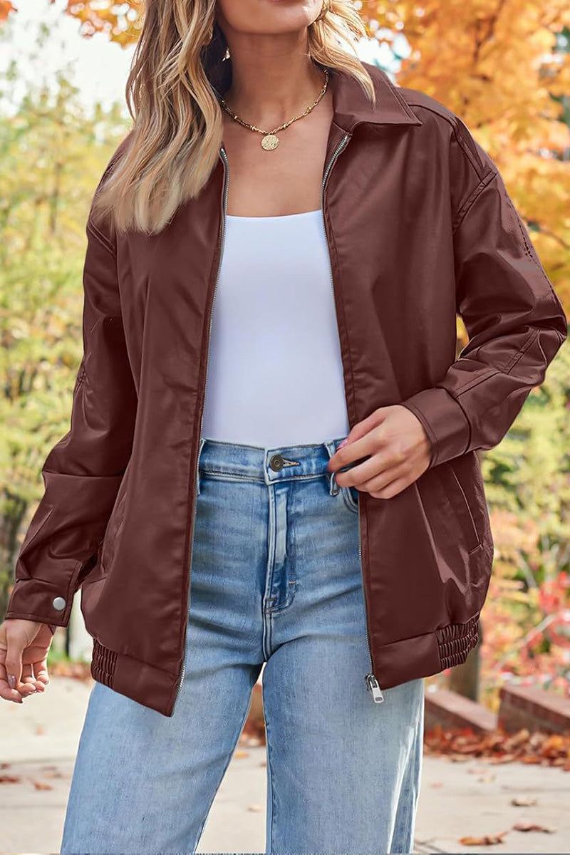 Oversized faux leather motorcycle jacket in brown with zipper front and casual fit