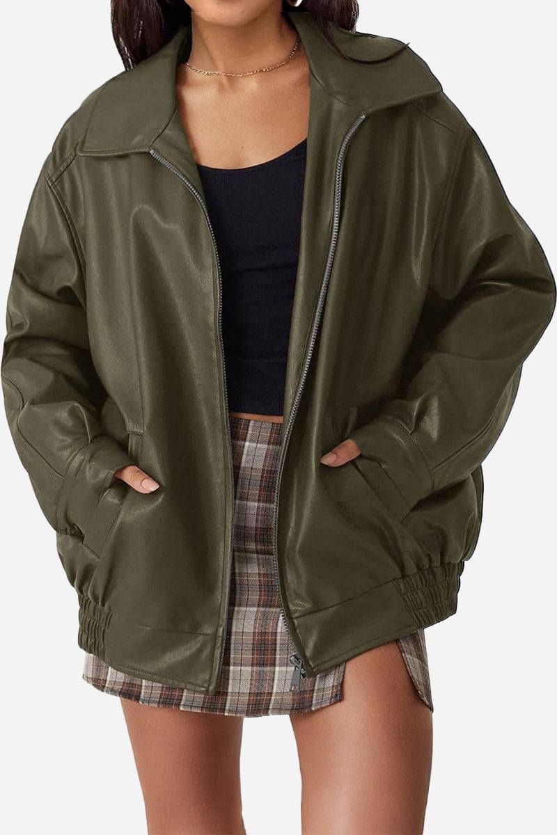 Oversized faux leather motorcycle jacket in olive green with zip front and relaxed fit