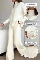 White knitted turtleneck two-piece set with ribbed cuffs and elastic waist, cozy and wrinkle-resistant polyester lounge outfit