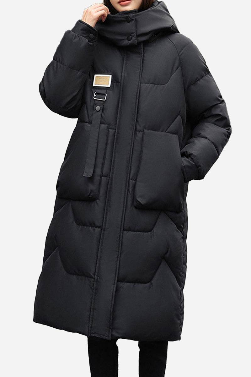 FrostLine Long Coat black insulated winter coat with hood and large front pockets for cold weather travel
