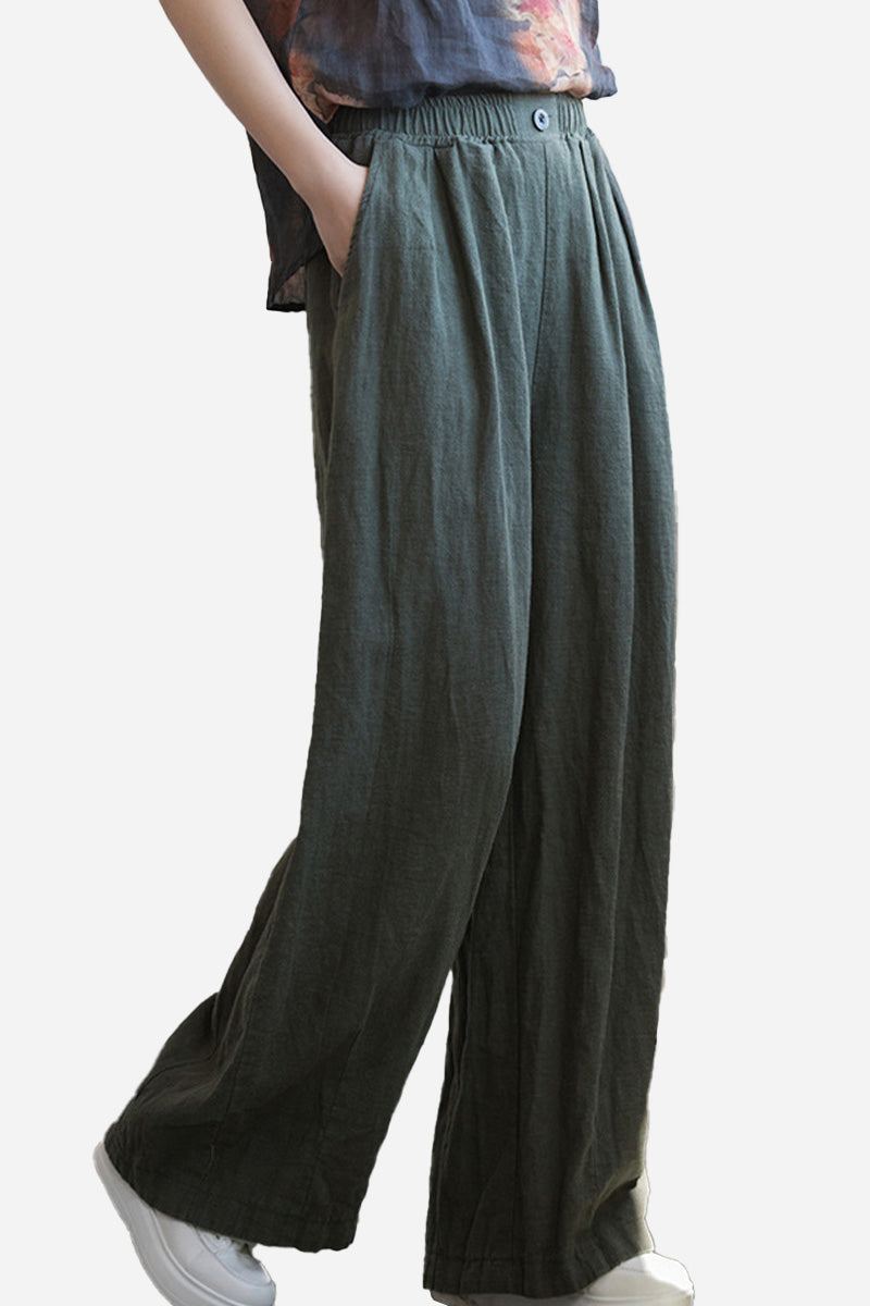 Relaxed fit sandwashed ramie linen pants with plush lining in dark green