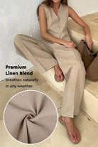 Eco chic linen blend two-piece outfit with breathable, wrinkle-resistant fabric in natural beige tone