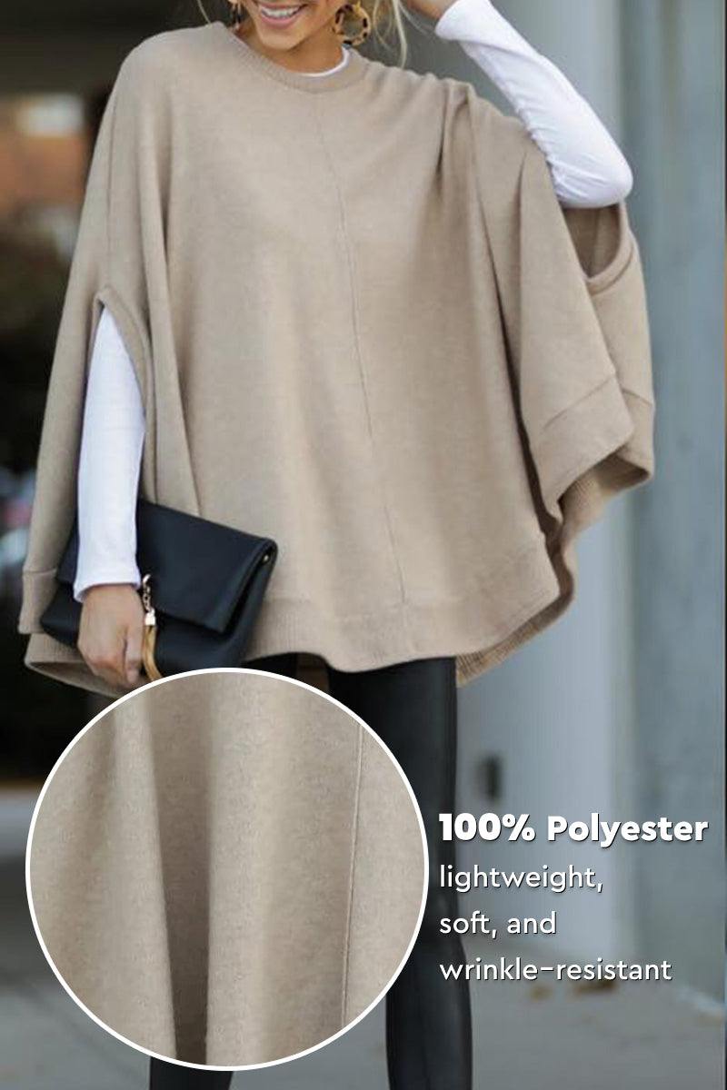 Elegant poncho pullover in beige, lightweight soft polyester, breathable, wrinkle-resistant design, stylish layering piece.