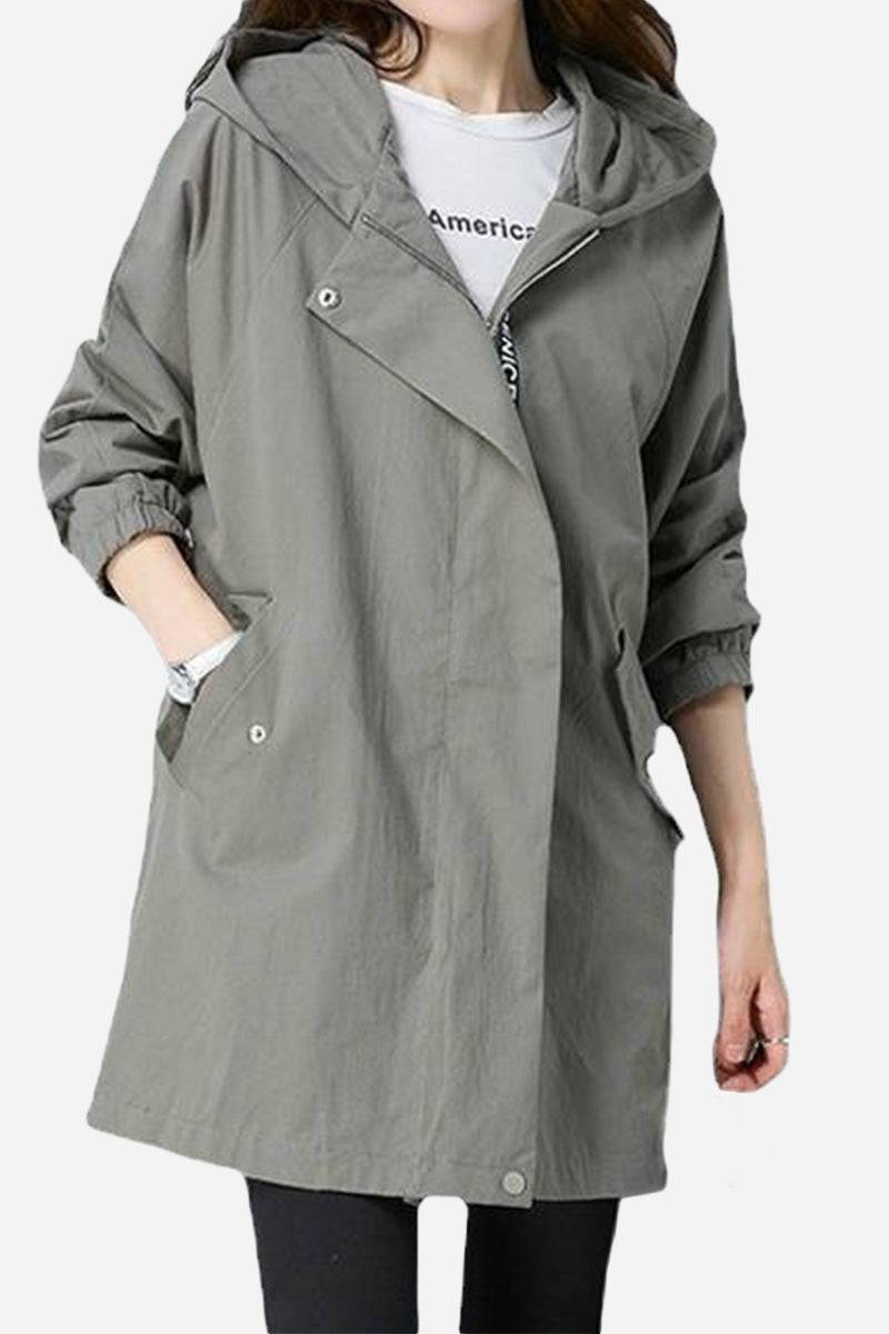 Lightweight gray fashion hooded trench coat with oversized fit and casual style