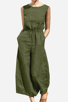 Olive green sleeveless pure cotton wide-leg two-piece set with elastic waist and pockets