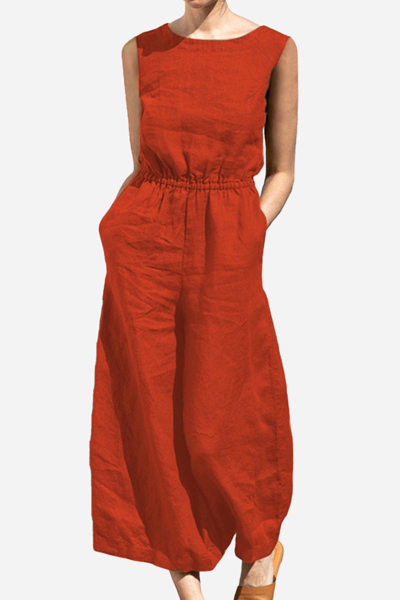 Red sleeveless pure cotton wide-leg jumpsuit with elastic waist and pockets