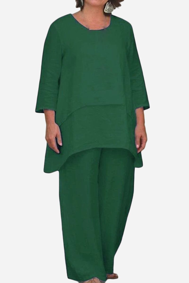 Loose Drape Two-Piece Set in green with oversized, asymmetrical top and relaxed pants.