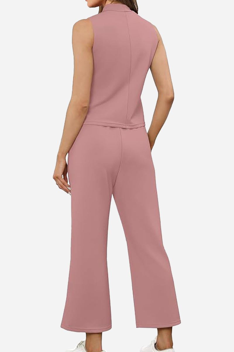 Woman wearing cotton chic sleeveless two-piece set in dusty rose color from back view