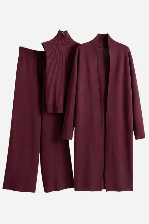 Burgundy three-piece collection set with cardigan, sleeveless top, and wide-leg pants in soft viscose blend fabric