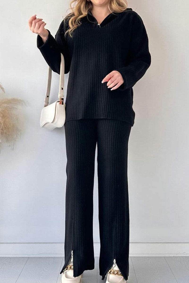 Plus-size black ribbed knit comfort set with long sleeve top and pants for work from home and errands