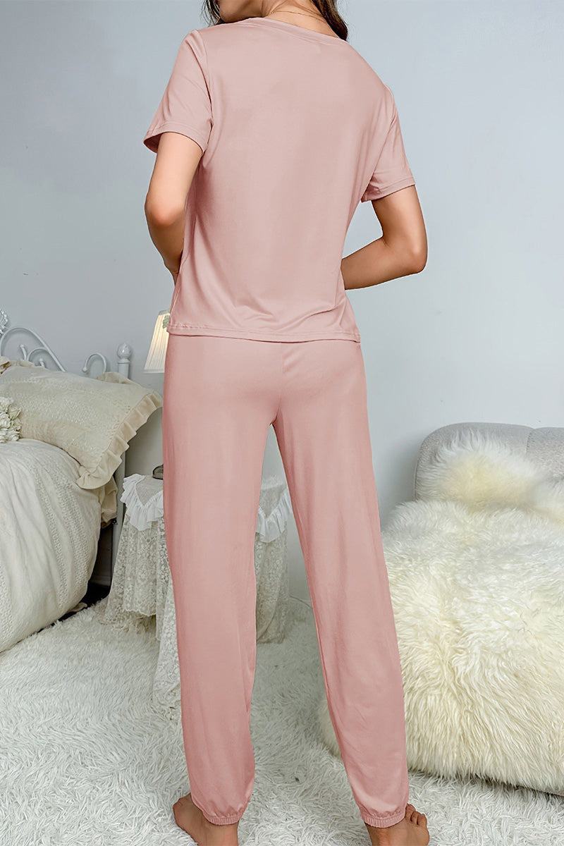 My Go To Loungewear soft pink two-piece set with short sleeve top and jogger pants for cozy, breathable comfort at home or casual wear.
