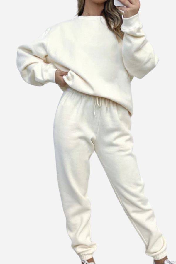 Classic Comfort Athleisure set in soft cream fabric with relaxed fit sweatshirt and jogger pants
