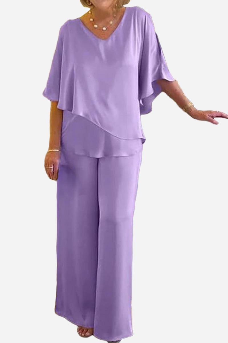 Elegant Layers Two-Piece Set in soft lavender with layered V-neck top and wide-leg pants for a comfortable, flattering fit.