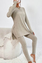 Butter Touch Ribbed Two-Piece Set beige ribbed long sleeve top and leggings lounge outfit