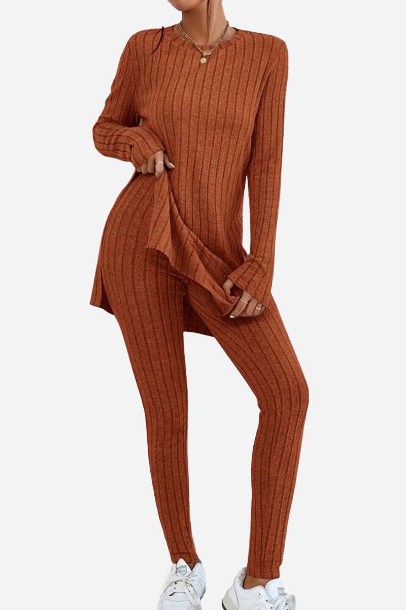 Butter Touch Ribbed Two-Piece Set in rust, stretchy ribbed knit top and matching leggings, soft and comfortable loungewear.