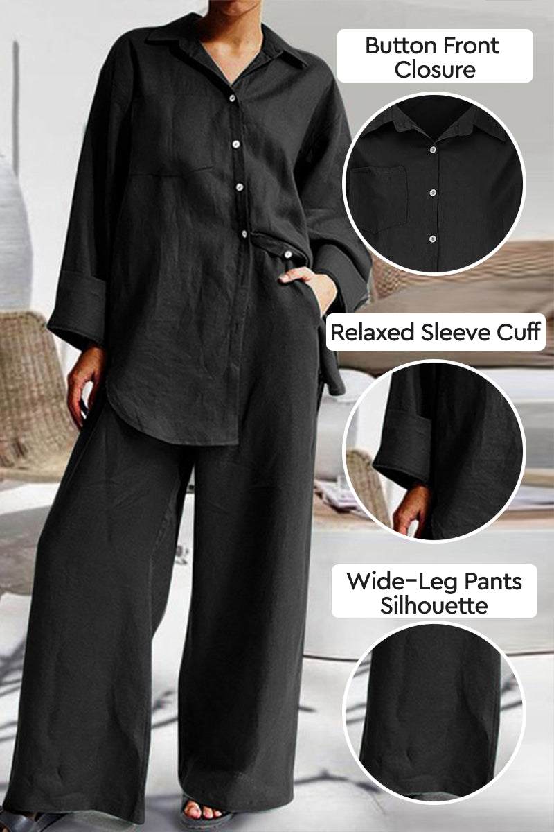 Black Vacation Essentials Cotton Set with button front shirt and wide-leg pants, relaxed fit with cuffed sleeves, breathable cotton blend for comfortable travel wear.