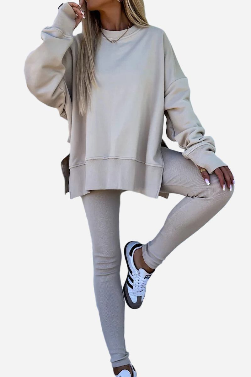 TimelessChic Ultra Comfortable Two-Piece Set beige loose top and fitted leggings casual outfit