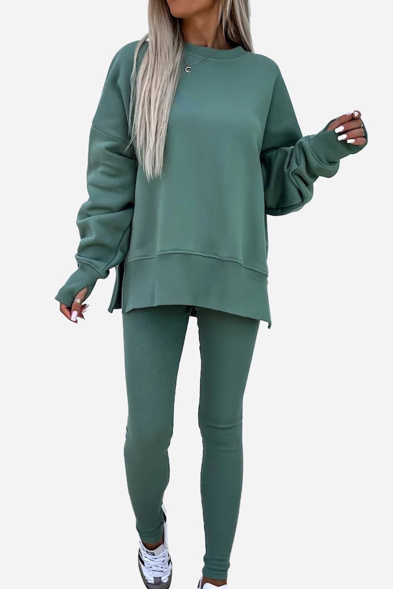 TimelessChic Ultra Comfortable Two-Piece Set in soft green with relaxed top and high-waisted leggings for all-day comfort and style