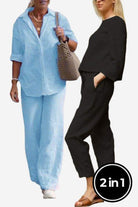 Two women modeling Casual Chic Duo breathable natural fabric two-piece sets, one in light blue relaxed cotton shirt and trousers, the other in black cotton-linen monochrome outfit with comfortable fit.