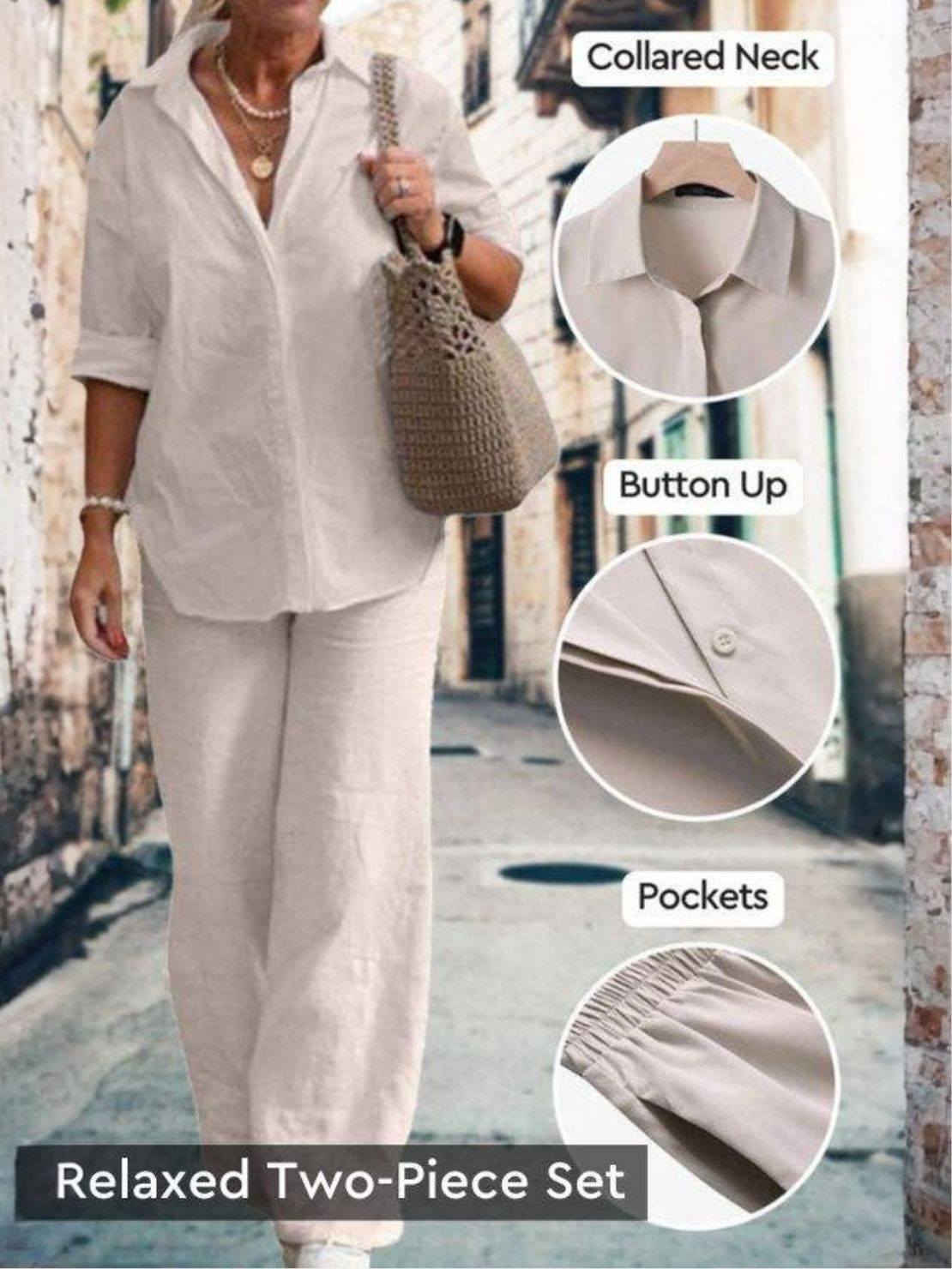 Two women modeling Casual Chic Duo breathable cotton and linen mix-and-match two-piece sets