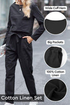 Woman wearing black Casual Chic Duo cotton linen set with wide cuff hem, big pockets, and soft breathable fabric