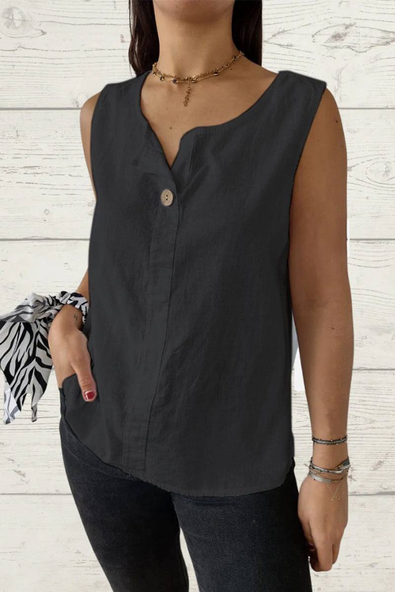 100 pure linen black sleeveless cool comfort vest with v-neck and button detail worn by woman