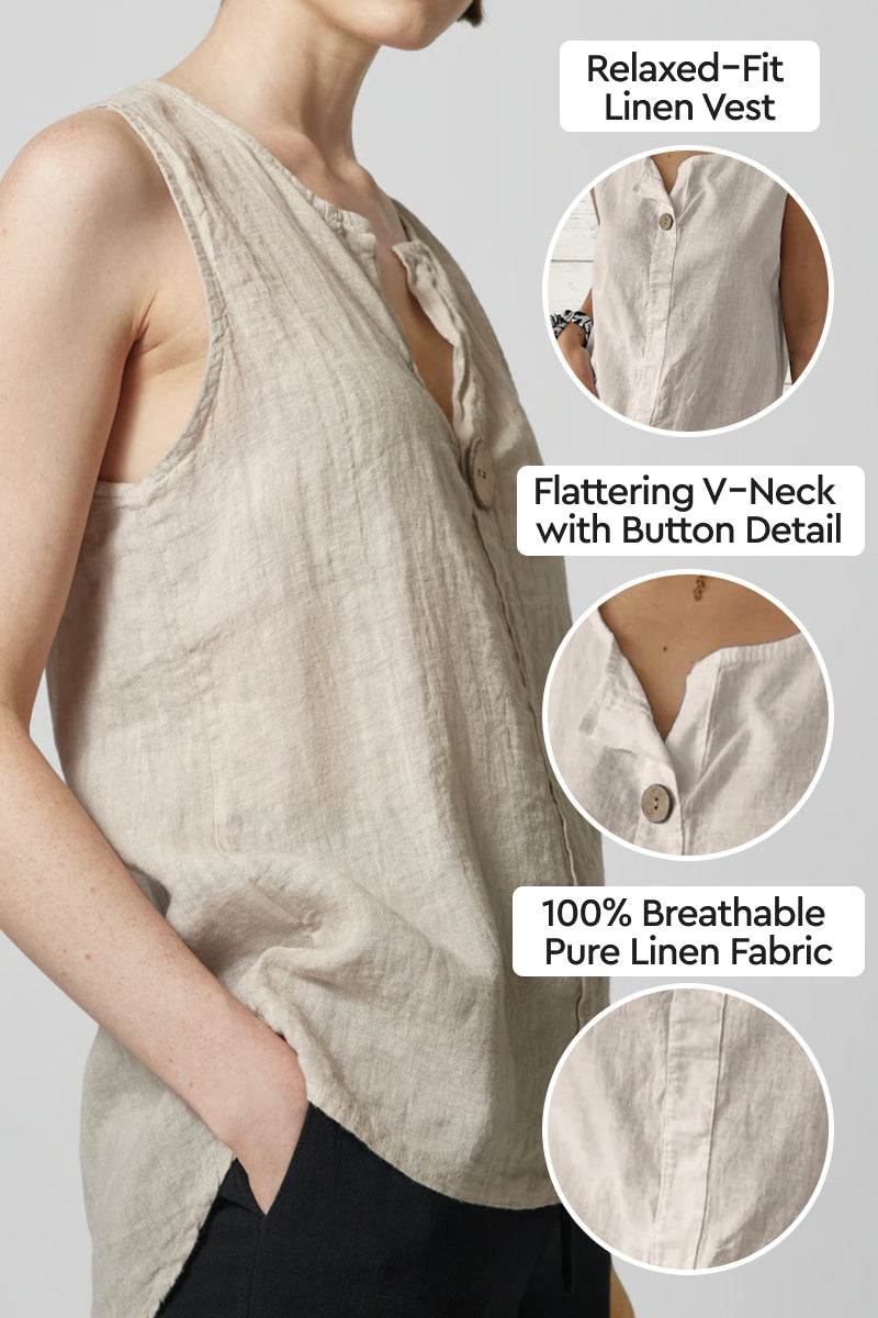 100 pure linen relaxed-fit vest with breathable fabric and flattering V-neck button detail