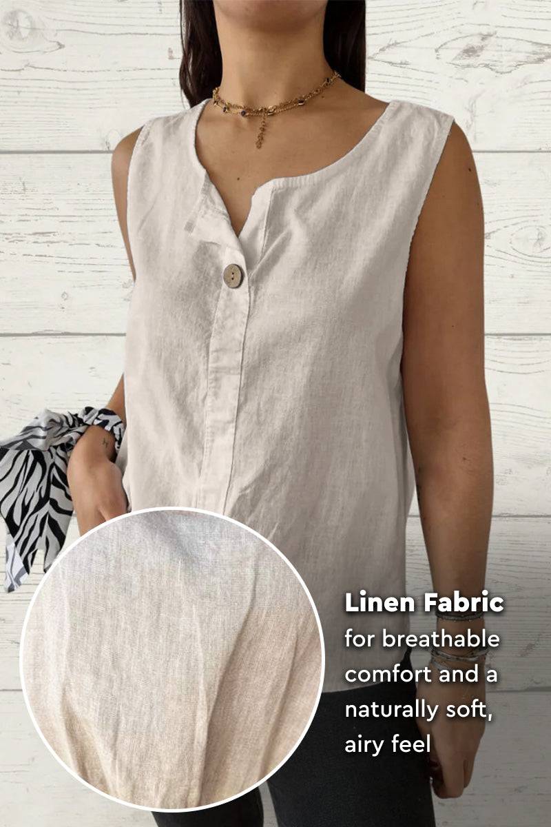 Woman wearing sleeveless 100% pure linen vest in natural color with breathable, soft fabric texture shown in inset