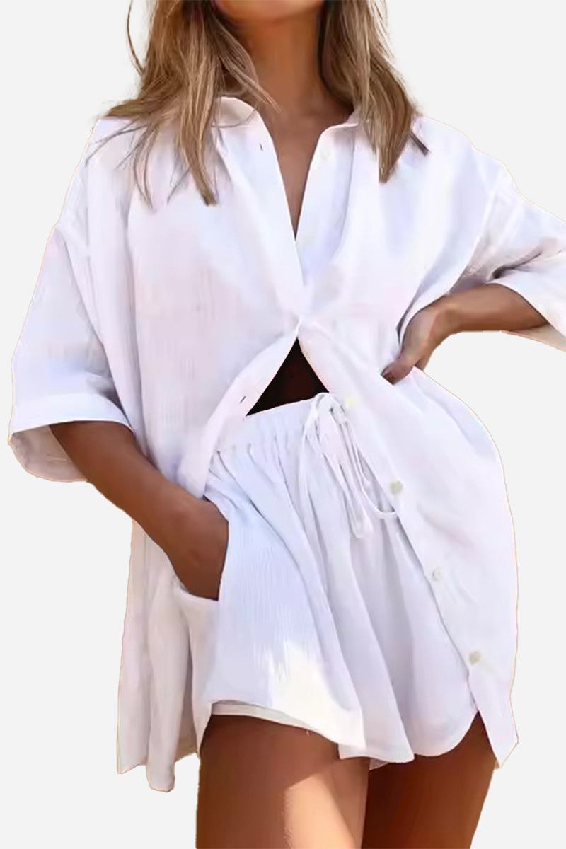 Coastal linen cotton two-piece set with relaxed fit, breathable fabric, and casual chic style.