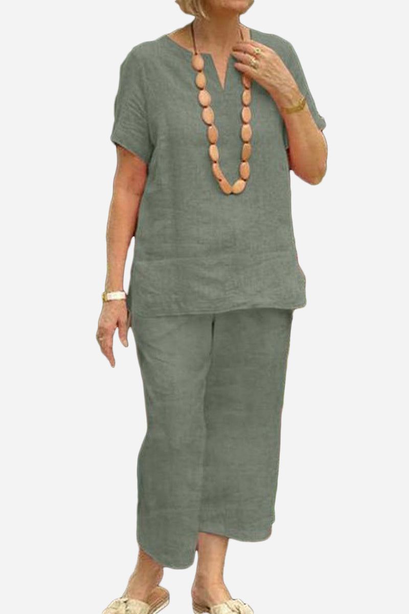 Breezy cotton blend two-piece set in relaxed fit with short sleeves and elastic waist pants for summer comfort