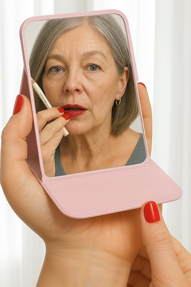 Compact travel pocket mirror with PU leather case in pink, showing woman applying lipstick.