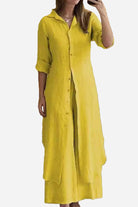 Yellow wide-leg two-piece set with button-up long top, soft polyester fabric, and relaxed fit for refined comfort