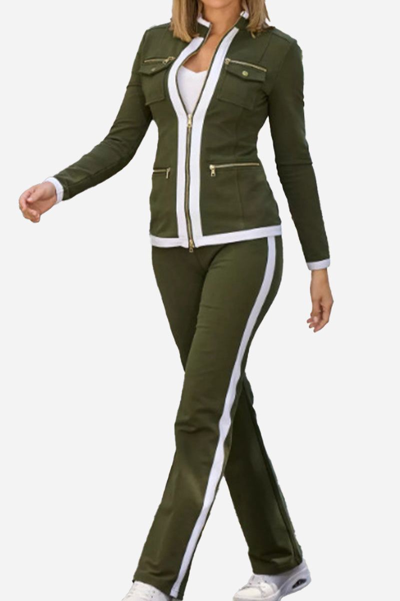 Olive green contrast zip two-piece set with white trim and gold zipper details, sleek and fitted design