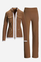 Brown contrast zip two-piece women's outfit with jacket and pants in soft stretch fabric