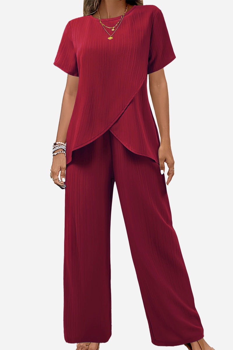 Textured Elegance burgundy two-piece set with asymmetrical top and wide-leg pants for comfortable, stylish wear