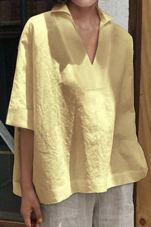 Cotton-Linen V-Neck  Relaxed Fit Shirt