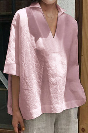 Cotton-Linen V-Neck  Relaxed Fit Shirt