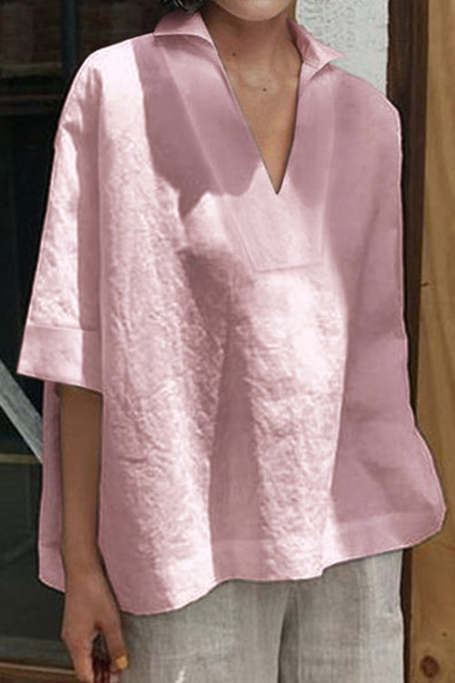 Cotton-Linen V-Neck  Relaxed Fit Shirt