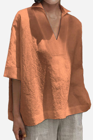Cotton-Linen V-Neck  Relaxed Fit Shirt