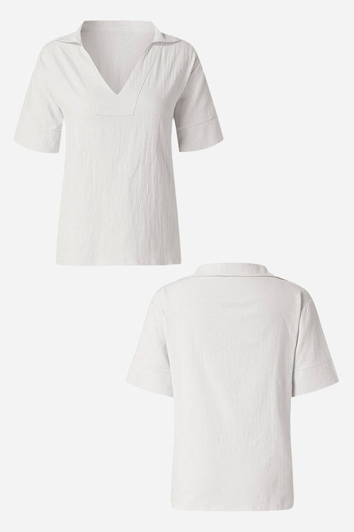 Cotton-Linen V-Neck  Relaxed Fit Shirt