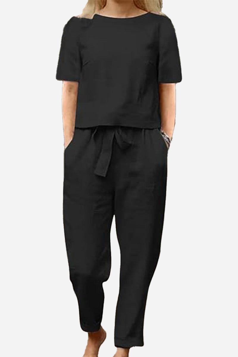 Women’s black cotton-linen blend monochrome two-piece set with relaxed fit and breathable fabric