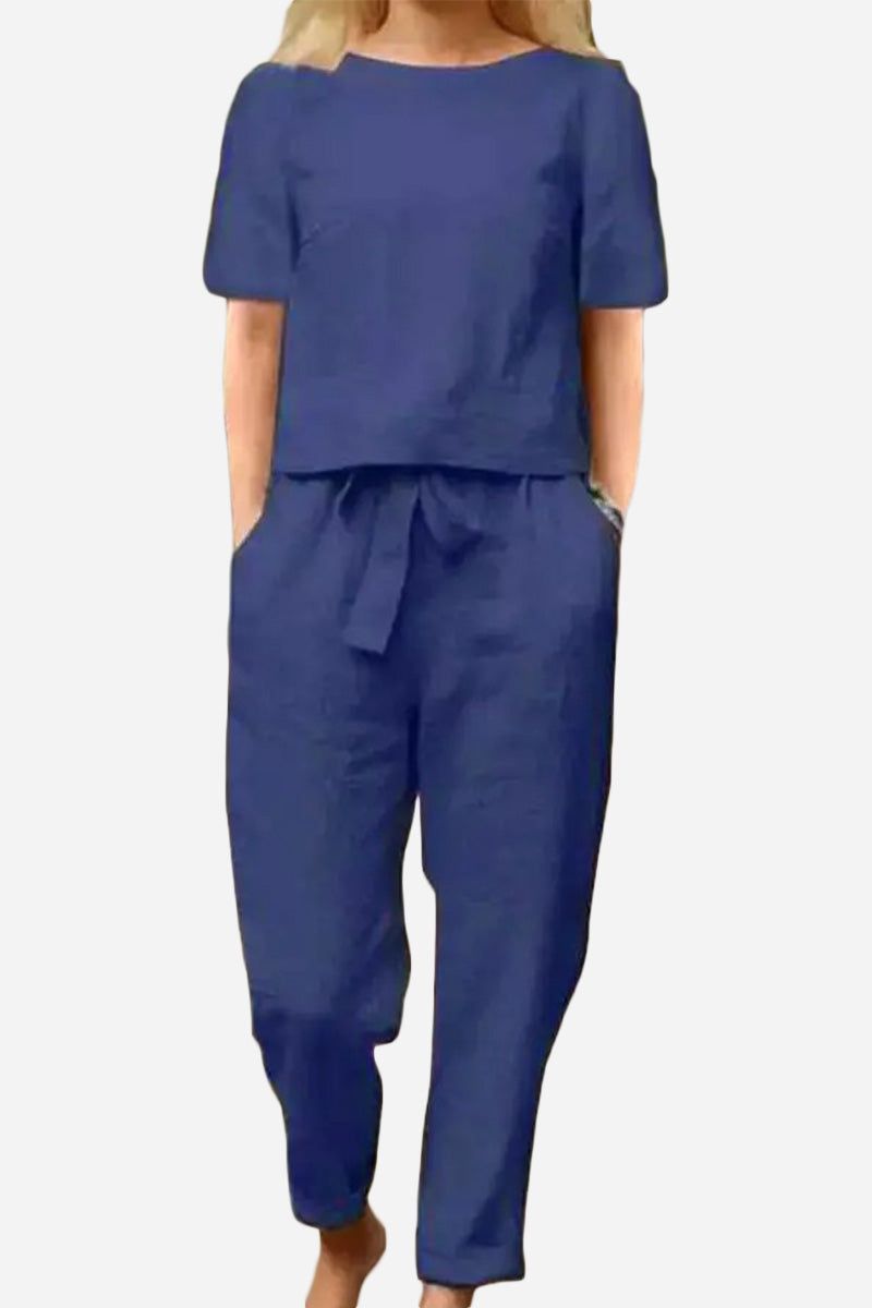 Blue cotton-linen blend two-piece set with short sleeve top and relaxed pants